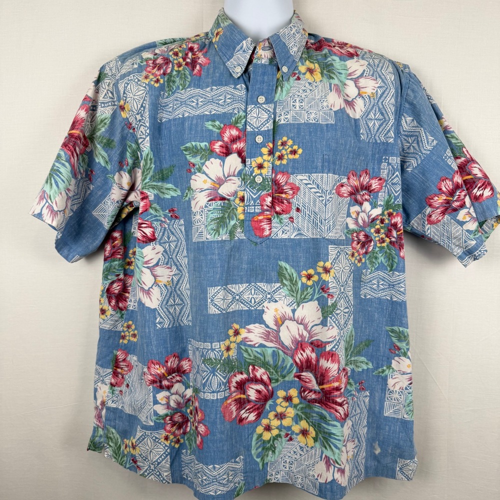 Reyn Spooner Men XXL Blue Floral Hibiscus Tapa Pullover Hawaiian Shirt Cotton